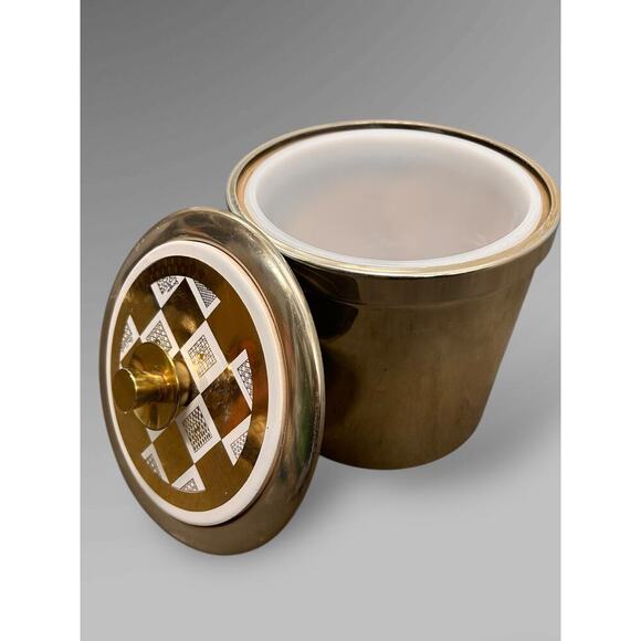 Georges Briones Gold Tone Ice Bucket w 6 Mid Century Plaid Print Rocks Glasses - Picture 2 of 10